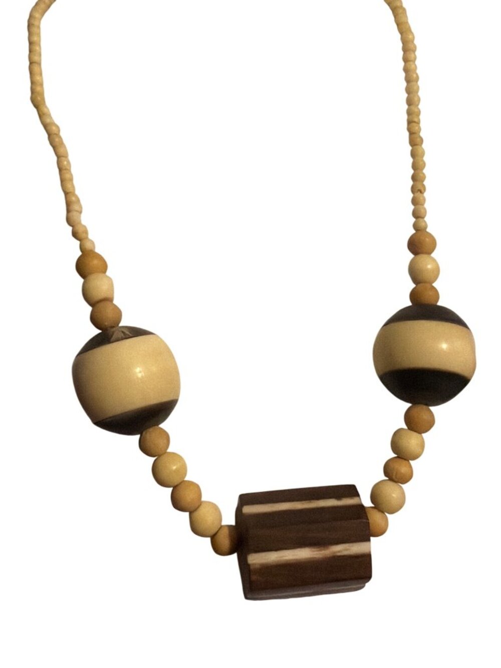 Vintage Wooden Beaded Necklace Geometric Natural Tone Beads Inlay 17" Estate